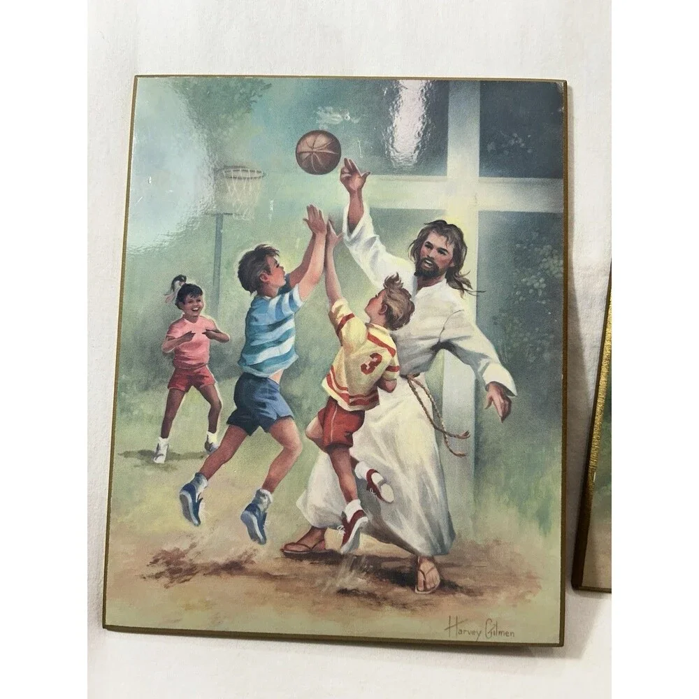 Vtg Christian Religious Bible Jesus Playing Basketball Plaque 9.5